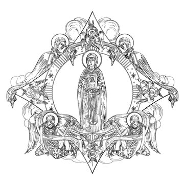 recommend clip art: Saint Parascheva of the Balkans (name english). Religious dome with apostles and angels in sky. Coloring page in Byzantine style