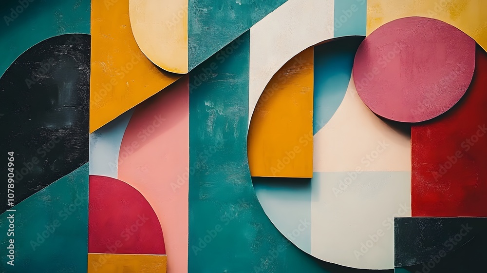 Fototapete an abstract collage of overlapping shapes and textures with vibrant colors, creating a dynamic, grap