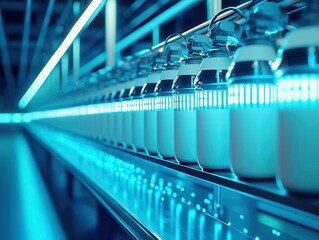 Fototapeta premium Futuristic dairy facility with automated robotic milking systems, glowing sensors ensuring optimal milk production
