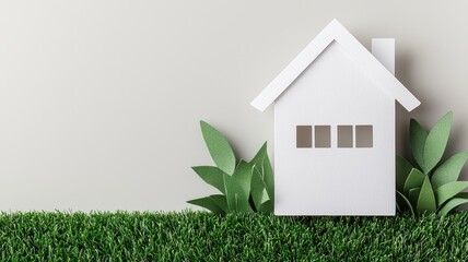 A simple white house model sits on green grass with leaves, symbolizing home, nature, and tranquility.