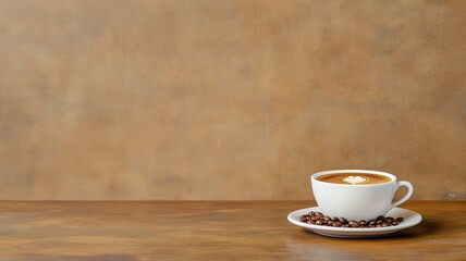 Obraz premium A steaming cup of coffee sits on a saucer, surrounded by coffee beans, against a rustic, warm-toned background.