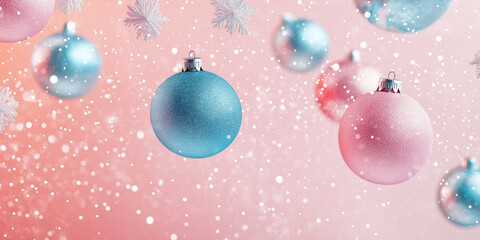 Fototapeta premium Festive christmas baubles and snowflakes on a pink and blue background