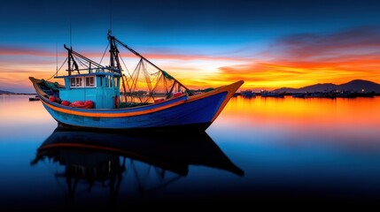 Fototapeta premium Sunrise at Bustling Fishing Port with Boats and Nets