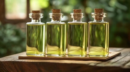 Beautifully arranged glass bottles filled with natural green oil, placed on a wooden surface, showcasing a serene and vibrant ambiance created by soft green background.