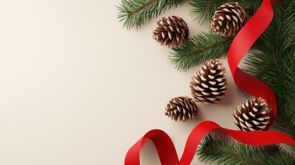 Christmas sale discount banner. A festive arrangement featuring pine cones, greenery, and a red ribbon, perfect for holiday décor.