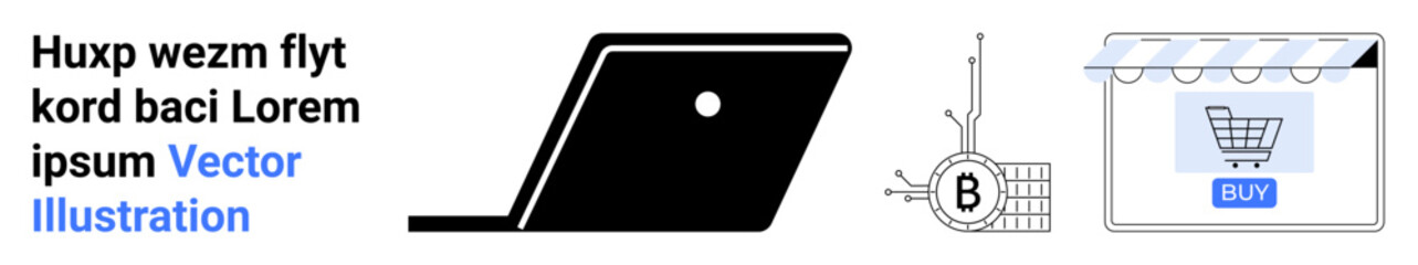 Laptop, blockchain symbol with a B, and storefront with shopping cart. Ideal for technology, e-commerce, blockchain, online shopping, business, web development, digital marketing themes. Landing page