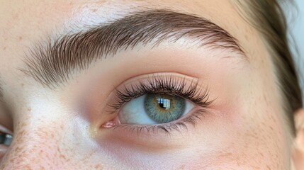Obraz premium Close-Up of a Woman's Eye with Lush Eyelashes and Natural Brow, Showcasing Unique Hazel Iris and Fresh Skin, Perfect for Beauty and Wellness Themes