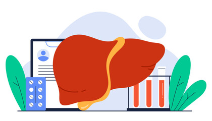 Hepatology concept. Hepatitis A, B, C, D concept. Human liver organ. Liver disease, healthcare, treatment. Isolated vector illustration in cartoon style