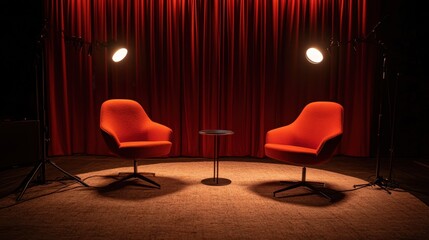 Cozy and Stylish Conversation Area with Two Orange Chairs and a Circular Table Surrounded by Dramatic Lighting and Red Drapes in a Modern Interior Setting
