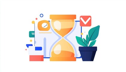 Time management, vibrant hourglass with flowing sand, flat design illustration