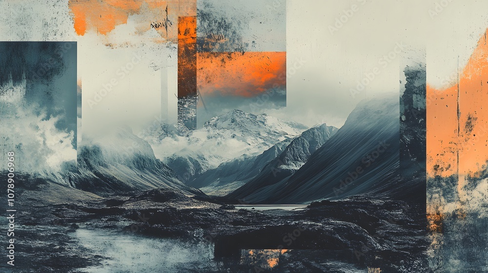 Poster a digital collage blending landscapes with abstract textures and faded elements, creating a nostalgi