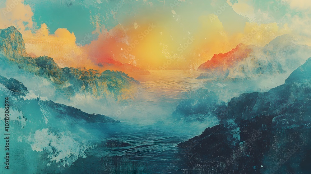 Poster a digital collage blending landscapes with abstract textures and faded elements, creating a nostalgi