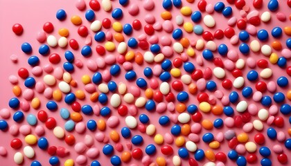 Caramelos de colores en la pared rosa