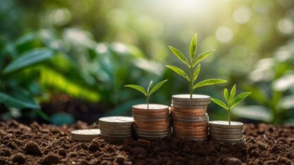 a stack of coins with a plant on top depicts growth, economic development and investment