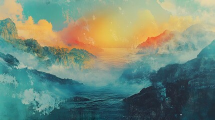 Fototapeta premium A digital collage blending landscapes with abstract textures and faded elements, creating a nostalgic, dreamlike design. Cinematic Scene, 4k resolution, cinematic scene