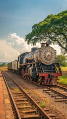 Naklejka premium Retro Steel Locomotive Train Standing on the Tracks Near a Verdant Landscape Under a Bright Sky. Generative AI