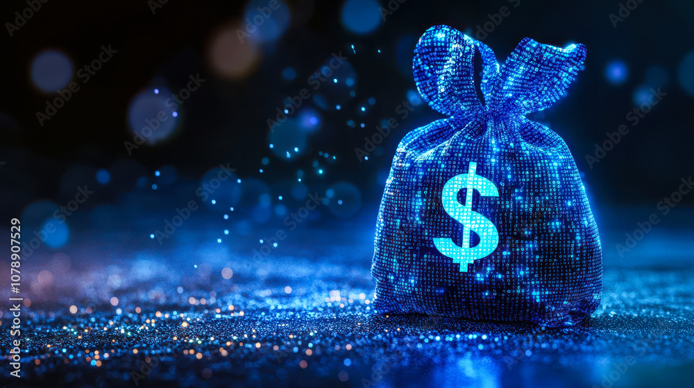 Poster digital money bag with dollar sign and binary code for ai financial transactions and fraud detection