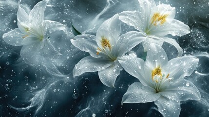 Elegant White Lilies Floating on Water with Drops, Exuding Serenity and Beauty, Showcasing Nature’s Delicate Flowers Against a Misty Background