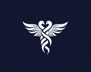 Obraz premium A blue and white logo with two wings and a heart. The logo is of a medical symbol