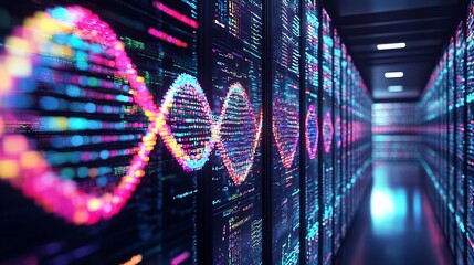 Colorful Glowing Digital DNA Strand Displayed on Data Center Screen