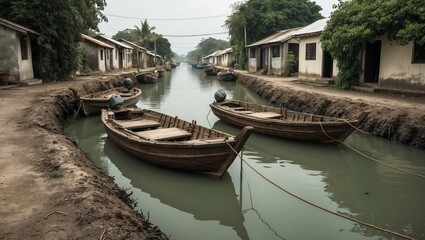 Fototapeta premium Rustic Fishing Boats Moored in a Murky Canal Surrounded by Simple Houses, Capturing the Charm and Tranquility of Waterway Living