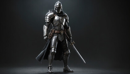 A knight in full armor stands with a sword in hand, ready for battle