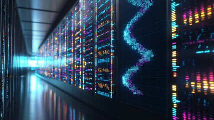 Dynamic Digital DNA Helix Glowing in Data Center Display