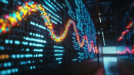 Glowing Digital DNA Helix Displaying Dynamic Data Packets in a High Tech Data Center