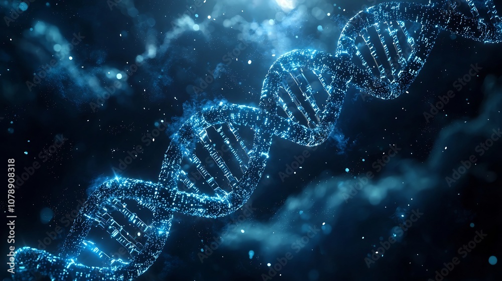 Poster dna strands floating in a glowing digital cloud symbolizing dna based data storage and preservation 
