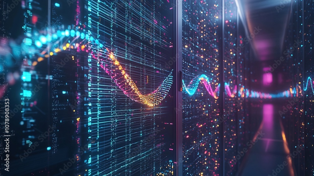 Poster glowing digital dna helix displaying dynamic data storage on large screen in data center