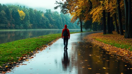 Obraz premium A serene autumn scene features a person in a red hoodie walking along a reflective pathway beside a river, surrounded by colorful trees and fallen leaves, Ideal for themes of solitude and nature,