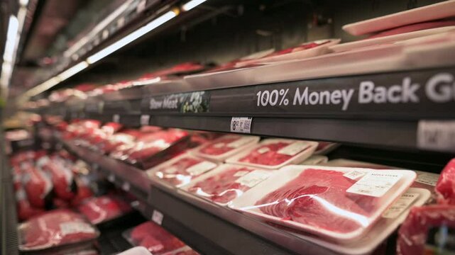supermarket meat aisle featuring neatly arranged packaged meats. for retail and grocery themes. supermarket meat aisle, packaged meats. Food, meats in supermarket, grocery