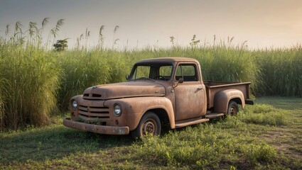Abandoned Vintage Truck in a Rural Field Surrounded by Tall Grass, Capturing the Essence of Nature's Reclamation and Time's Passage