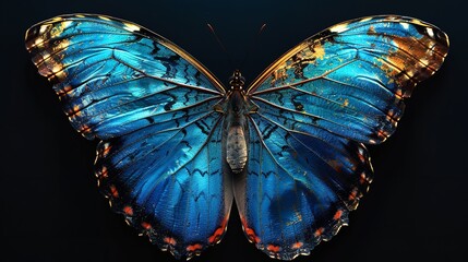Close-up of a Blue and Orange Butterfly isolated on black background.
