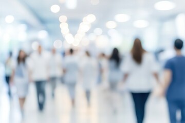 Blurred background of a hospital corridor with blurred medical staff and patients in the distance, focus on the blurry effect for commercial use
