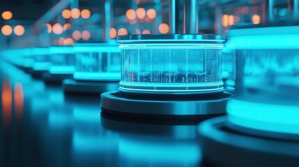 Futuristic dairy farm with robotic milking machines, glowing sensors monitoring cow health and milk yield in a modern tech setting