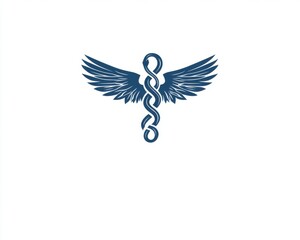Fototapeta premium A blue and white logo with a winged symbol and a snake wrapped around a staff. The logo is for a medical or health related business