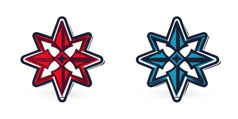 Obraz premium Two snowflakes with arrows pointing in different directions. One is red and blue, the other is blue and red
