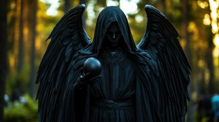 Fototapeta premium A hooded figure with black wings holds a sphere, standing in a serene forest setting illuminated by soft, golden light.