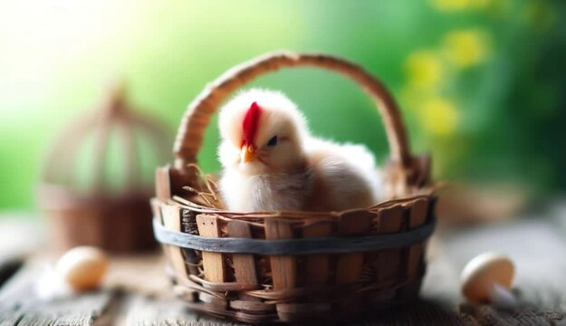 Animation with tiny miniature chick inside a basket