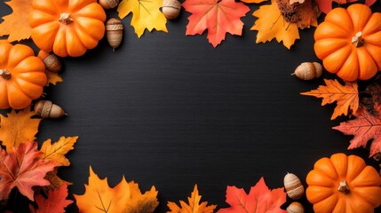 A vibrant autumn scene featuring pumpkins, colorful leaves, and acorns on a dark wooden background, perfect for seasonal decorations or Thanksgiving.