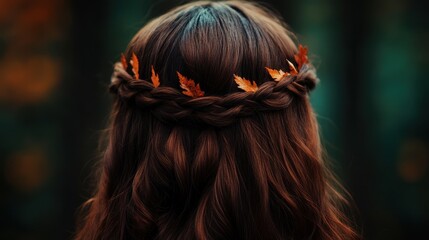A serene image of a person with long hair adorned with a crown of autumn leaves, set against a blurred forest background.