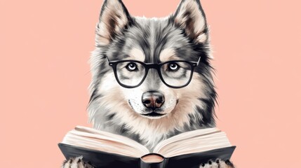 Fototapeta premium A Clever Wolf Wearing Glasses Reading a Book Against a Soft Pink Background, Symbolizing Intelligence, Curiosity, and Love for Knowledge in a Unique Animal Portrait