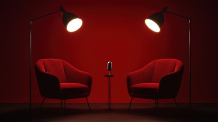 Cozy and Intimate Set with Red Chairs, Stylish Floor Lamps, and a Vintage Microphone Perfect for Conversations, Interviews, or Podcast Recordings in a Modern Studio