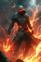 Grim reaper with scythe. Fire, smoke. Halloween theme poster.