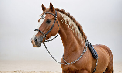 Obraz premium A chestnut horse with a braided mane stands on a sandy beach, looking away from the camera