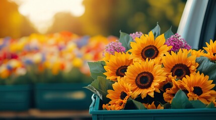 Fototapeta premium A vibrant display of sunflowers and various colorful blooms in baskets, set against a warm, sunlit background, capturing the essence of a flourishing floral market.