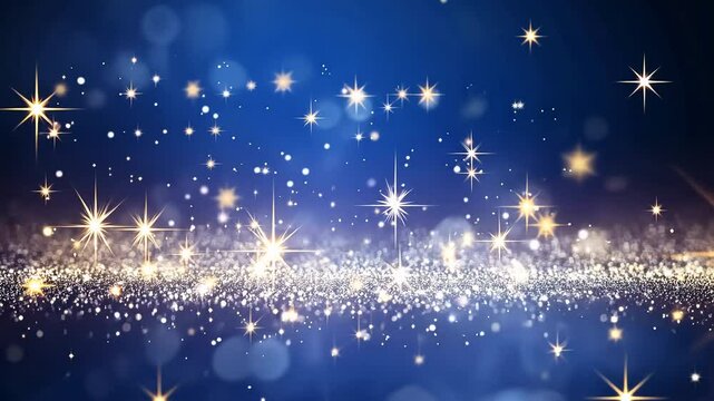 Blurred Stars and Glittering Lights on Blue Background. Christmas and New Year Celebration Theme. Design for Greeting Cards and Invitations	
