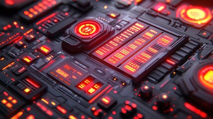 Futuristic, sci-fi interface with glowing red buttons and displays.