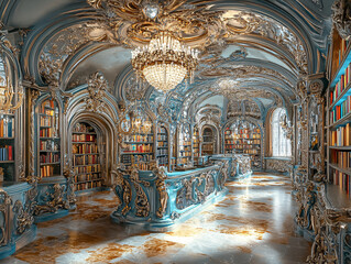 Naklejka premium a luxurious library with a high ceiling and ornate decorations. The library is filled with books and has a large window.